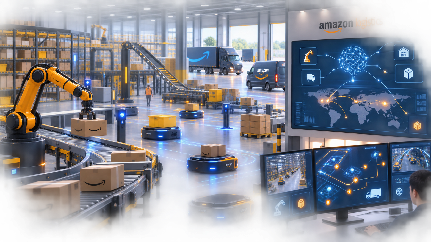 事例5：Amazon Logistics｜ロボットと基盤モデルを組み合わせた拠点運用の図解